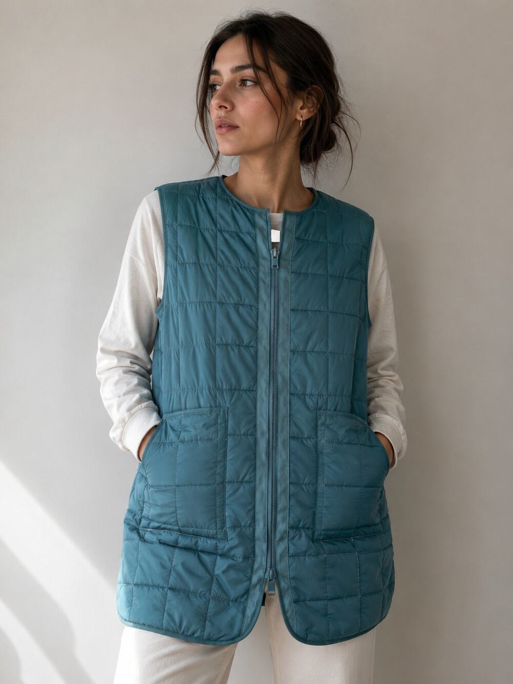Rebecca Minkoff Long Quilted Puffer Vest Teal Green Pocket Women Medium Cozycore